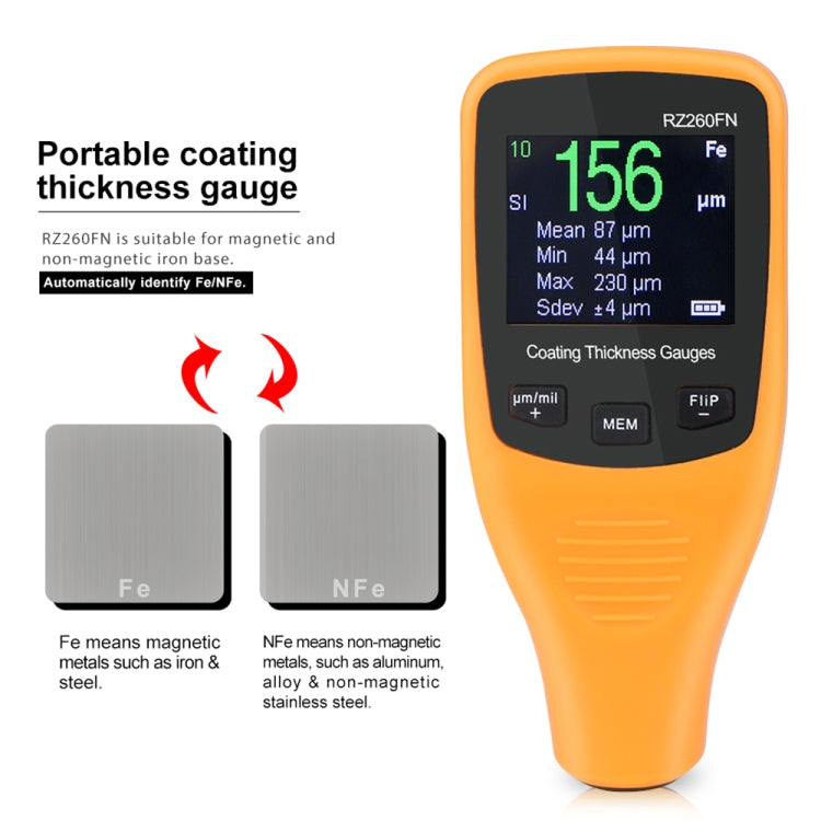 RZ260FN Ferrous & Non-Ferrous 2 in 1 LCD Display Ultrasonic Coating Paint Thickness Gauge Meter Tools (Orange)