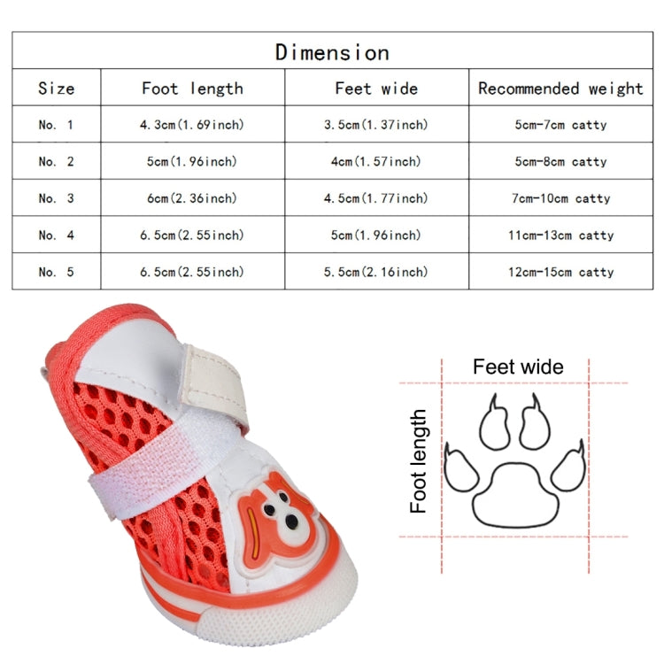Lovely Pet Dog Shoes Cartoon Dog Pattern Mesh Breathable Anti-skidding Shoes, 1#, Size: 4.3 x 3.5cm(Red)