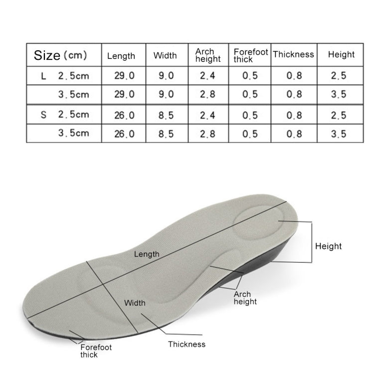 2 Pairs 2.5cm PU Breathable Sport Height Increase Insoles, Size: L
