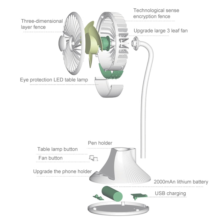 WT-D8 2000mAh 360 Degree Rotation Mini Portable Light Fan with 3 Speed Control& Phone / Pen Holder