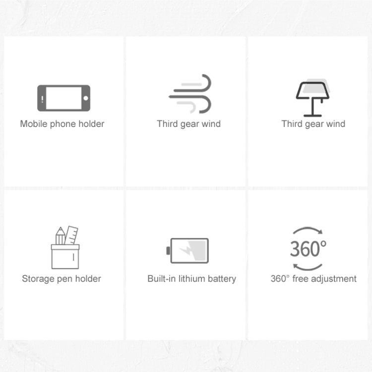 WT-D8 2000mAh 360 Degree Rotation Mini Portable Light Fan with 3 Speed Control& Phone / Pen Holder