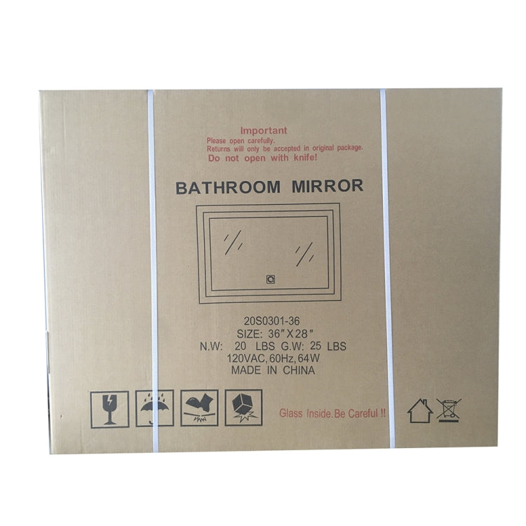 [US Warehouse] 64W Wall-mounted Square Plane Mirror Bathroom Vanity Mirror with Defogger & LED Light, Size: 36 x 28 x 1.2 inch