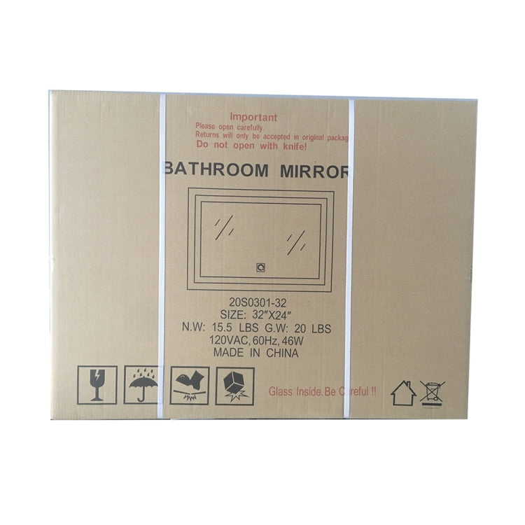[US Warehouse] 46W Wall-mounted Square Plane Mirror Bathroom Vanity Mirror with Defogger & LED Light, Size: 32 x 24 x 1.2 inch