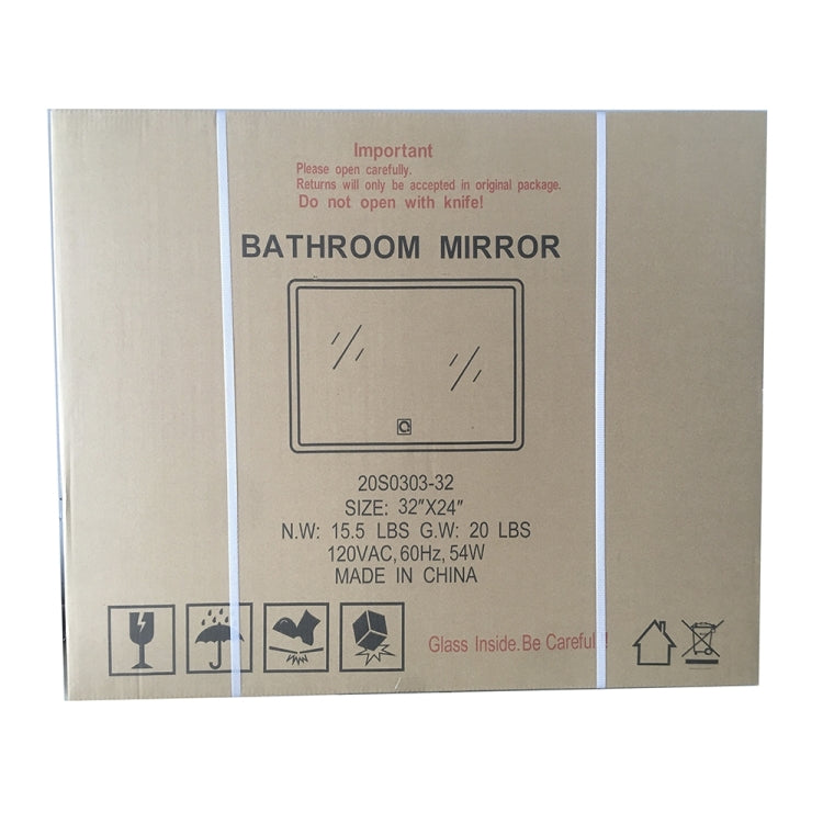 [US Warehouse] 54W Wall-mounted Square Plane Mirror Bathroom Vanity Mirror with Defogger & LED Light, Size: 32 x 24 x 1.2 inch