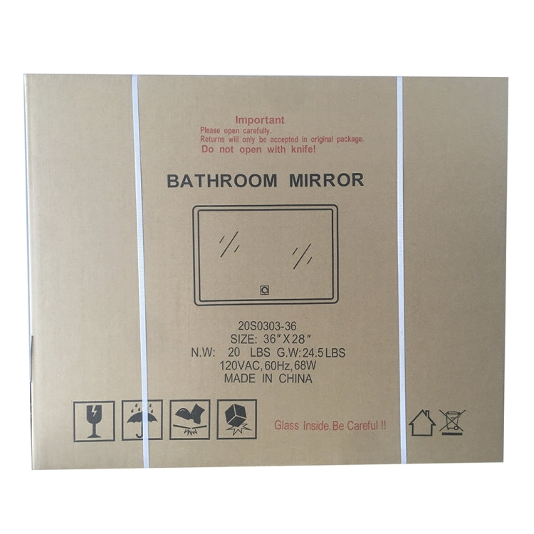 [US Warehouse] 68W Wall-mounted Square Plane Mirror Bathroom Vanity Mirror with Defogger & LED Light, Size: 36 x 28 x 1.2 inch