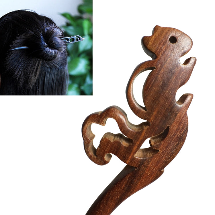 Classical Sandalwood Hairpin Ancient Style Headdress-Squirrel + Gift Box, Gift Box Colors Are Random (Red)