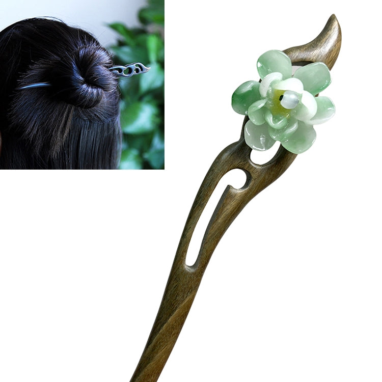 Classical Green Sandalwood Ancient Hairpin Hair Costume Headdress-Banyue Jade Flower + Gift Box, Gift Box Colors Are Random