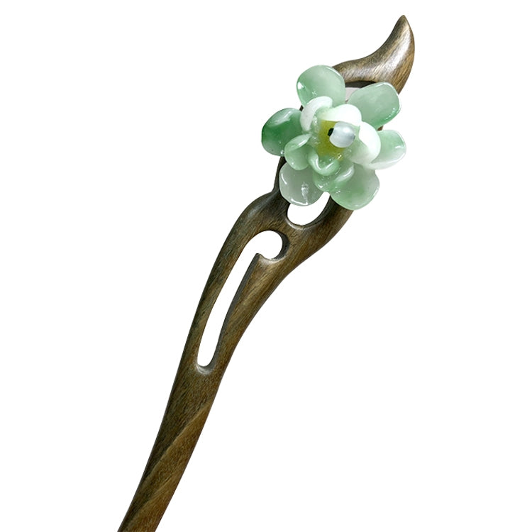 Classical Green Sandalwood Ancient Hairpin Hair Costume Headdress-Banyue Jade Flower + Gift Box, Gift Box Colors Are Random