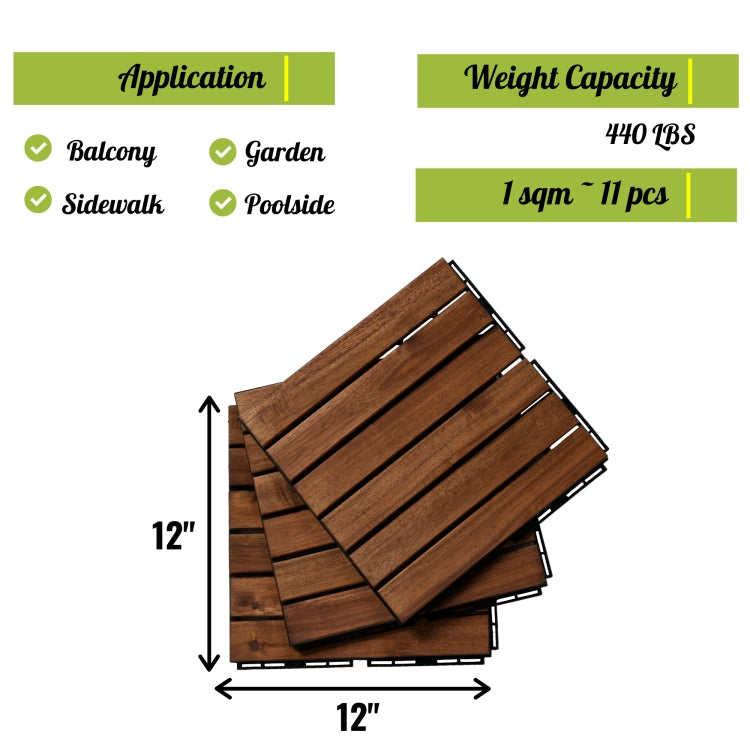 [US Warehouse] 10 PCS Striped Pattern Square Acacia Wood Interlocking Floor Tiles, Size: 12 x 12 inch