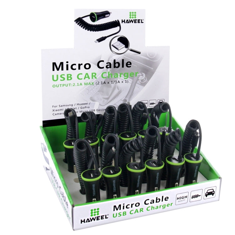 12 PCS HAWEEL 5V 2.1A Micro USB Spring Cable Car Charger Kit with Display Stand Box for Samsung, Huawei, Xiaomi, LG, HTC and other Smartphones, Length: 25cm-120cm(Black)