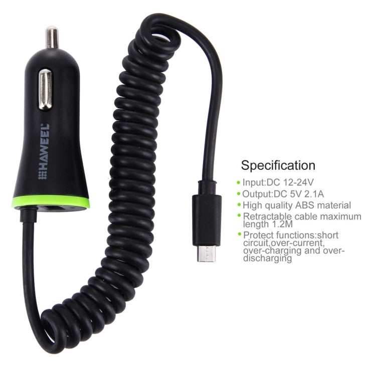 12 PCS HAWEEL 5V 2.1A Micro USB Spring Cable Car Charger Kit with Display Stand Box for Samsung, Huawei, Xiaomi, LG, HTC and other Smartphones, Length: 25cm-120cm(Black)