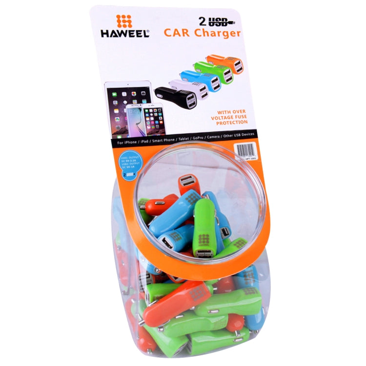60 PCS Mixed Colors HAWEEL 3.1A Dual USB Ports Car Charger Kit with Candy Cans Package