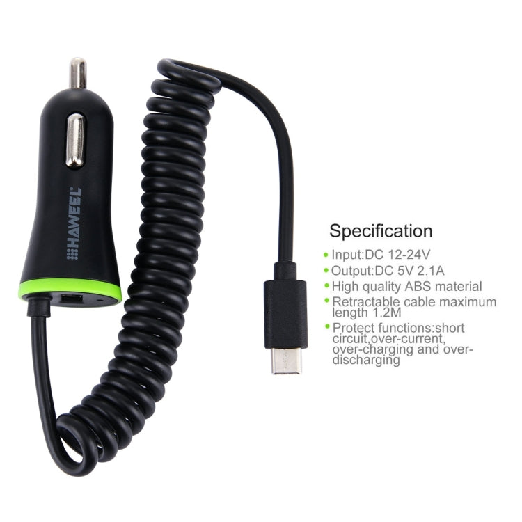 HAWEEL 2.1A Universal Retractable USB-C / Type-C 3.1 & USB 2.0 Car Charger Cable for Google & LG & Huawei & Nokia & Microsoft & Xiaomi & OnePlus & Letv & Meizu, Max Length: about 1.2m