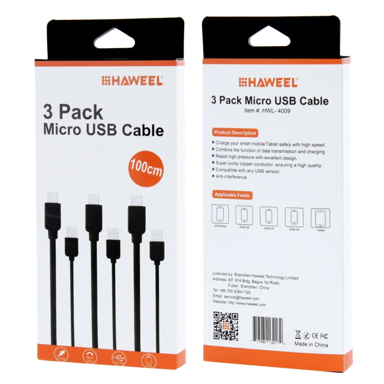 3 PCS HAWEEL 1m High Speed Micro USB to USB Data Sync Charging Cable Kits For Galaxy, Huawei, Xiaomi, LG, HTC and other Smart Phones