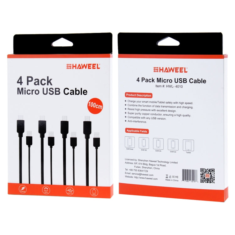 4 PCS HAWEEL 1m High Speed Micro USB to USB Data Sync Charging Cable Kits For Samsung, Huawei, Xiaomi, LG, HTC and other Smartphones