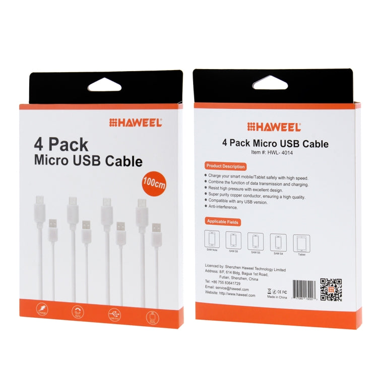 4 PCS HAWEEL 1m High Speed Micro USB to USB Data Sync Charging Cable Kits, For Samsung, Huawei, Xiaomi, LG, HTC and other Smartphones