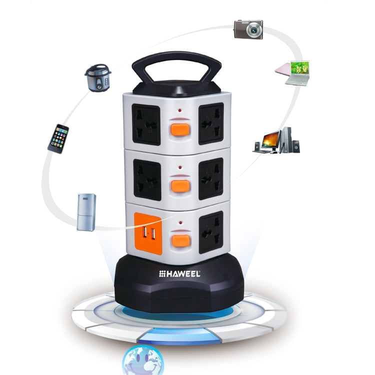 HAWEEL 3 Layers with 11 US/EU/AU/UK Universal Outlets and 2 Ports 2.1A USB Smart Power Sockets, Charger, Overload Protector,