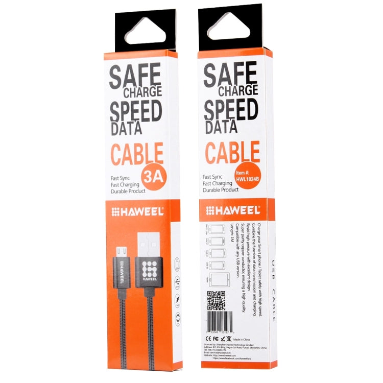 HAWEEL 1m Woven Style Metal Head 3A High Current Micro USB to USB Sync Data Charging Cable, For Samsung, Huawei, Xiaomi, LG, HTC and other Smartphones(Black)