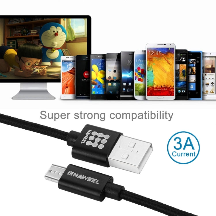 HAWEEL 1m Woven Style Metal Head 3A High Current Micro USB to USB Sync Data Charging Cable, For Samsung, Huawei, Xiaomi, LG, HTC and other Smartphones(Black)