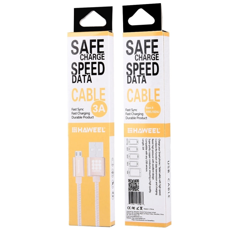 HAWEEL 1m Woven Style Metal Head 3A High Current Micro USB to USB Sync Data Charging Cable, For Samsung, Huawei, Xiaomi, LG, HTC and other Smartphones(Gold)