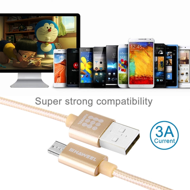 HAWEEL 1m Woven Style Metal Head 3A High Current Micro USB to USB Sync Data Charging Cable, For Samsung, Huawei, Xiaomi, LG, HTC and other Smartphones(Gold)