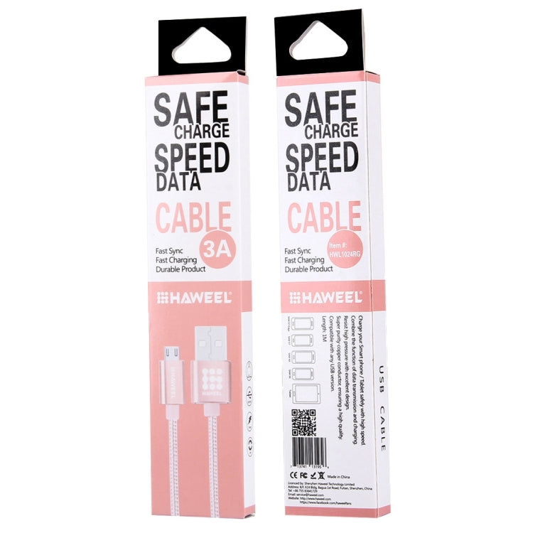 HAWEEL 1m Woven Style Metal Head 3A High Current Micro USB to USB Sync Data Charging Cable, For Samsung, Huawei, Xiaomi, LG, HTC and other Smartphones(Rose Gold)