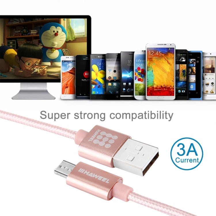 HAWEEL 1m Woven Style Metal Head 3A High Current Micro USB to USB Sync Data Charging Cable, For Samsung, Huawei, Xiaomi, LG, HTC and other Smartphones(Rose Gold)