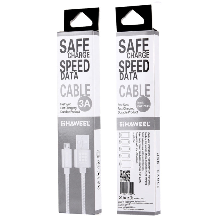 HAWEEL 1m Woven Style Metal Head 3A High Current Micro USB to USB Sync Data Charging Cable, For Samsung, Huawei, Xiaomi, LG, HTC and other Smartphones(Silver)