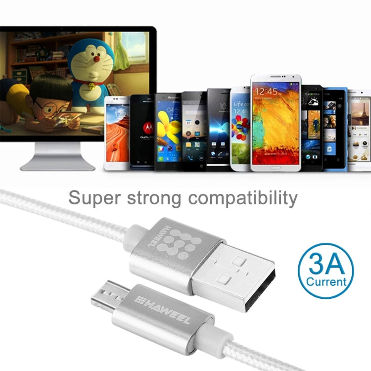 HAWEEL 1m Woven Style Metal Head 3A High Current Micro USB to USB Sync Data Charging Cable, For Samsung, Huawei, Xiaomi, LG, HTC and other Smartphones(Silver)