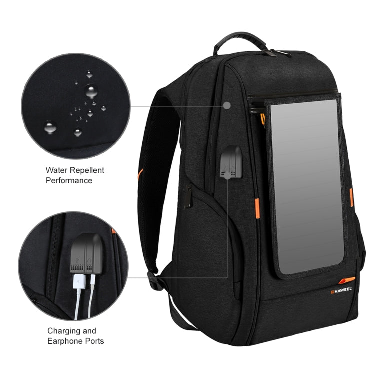HAWEEL Outdoor Multi-function 7W Solar Panel Powered Comfortable Breathable Casual Backpack Laptop Bag with Handle, External USB Charging Port & Earphone Port(Black)