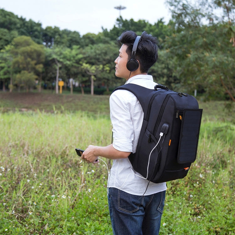 HAWEEL Outdoor Multi-function 7W Solar Panel Powered Comfortable Breathable Casual Backpack Laptop Bag with Handle, External USB Charging Port & Earphone Port(Black)