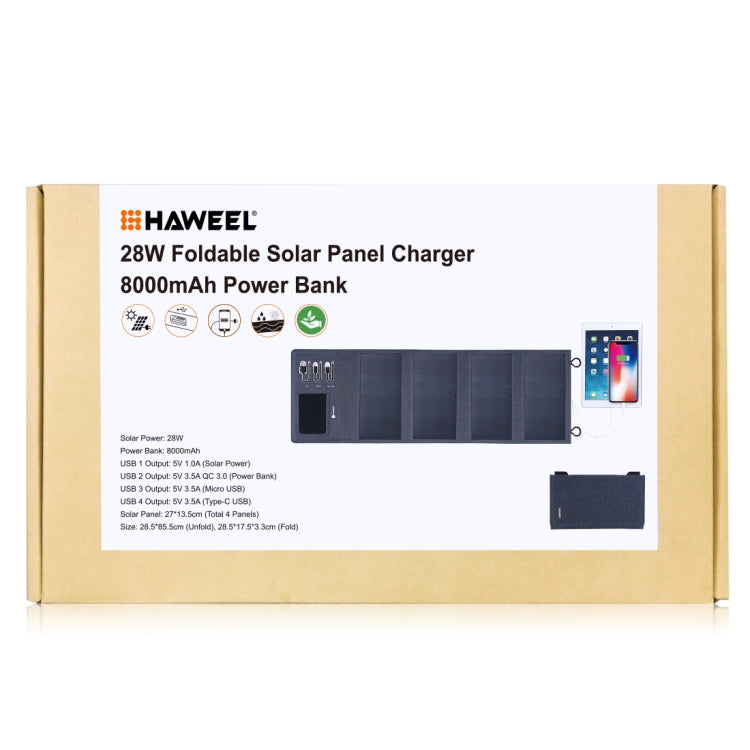 HAWEEL 28W Foldable Solar Panel Charger 8000mAh Power Bank with 5V 3.5A Max Dual USB Ports(Black)