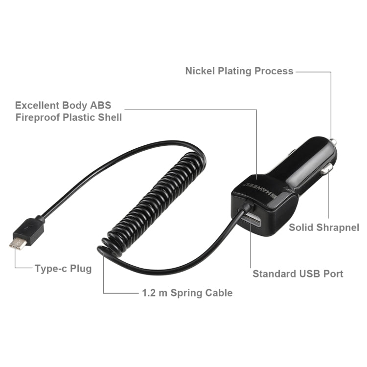 HAWEEL 5V 3.1A USB-C / Type-C Car Charger with Spring Cable, Length: 30cm-120cm, For Galaxy S8 & S8+ / LG G6 / Huawei P10 & P10 Plus / Xiaomi Mi 6 & Max 2 and other Smartphones
