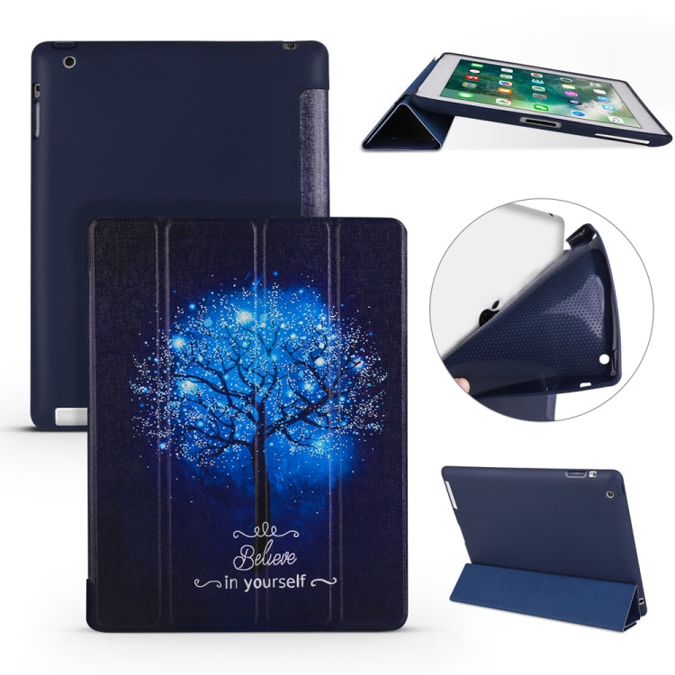 Blue Tree Pattern Horizontal Flip PU Leather Case for iPad 4 / 3 / 2, with Three-folding Holder & Honeycomb TPU Cover