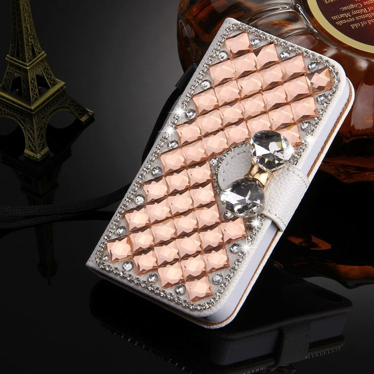 For iPhone 4 & 4S Diamond Encrusted Bowknot Pattern Horizontal Flip Leather Case with Magnetic Buckle & Card Slots & Holder & Lanyard