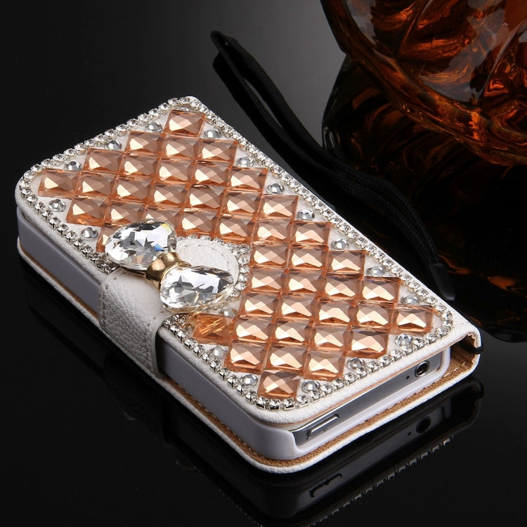 For iPhone 4 & 4S Diamond Encrusted Bowknot Pattern Horizontal Flip Leather Case with Magnetic Buckle & Card Slots & Holder & Lanyard