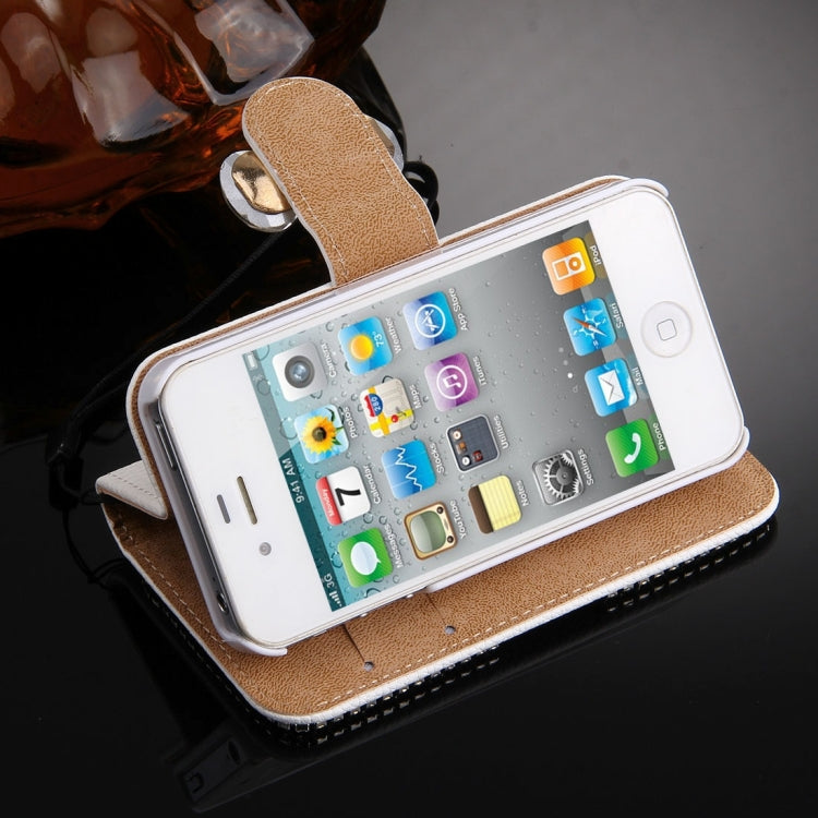 For iPhone 4 & 4S Diamond Encrusted Bowknot Pattern Horizontal Flip Leather Case with Magnetic Buckle & Card Slots & Holder & Lanyard