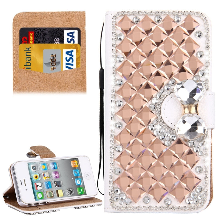 For iPhone 4 & 4S Diamond Encrusted Bowknot Pattern Horizontal Flip Leather Case with Magnetic Buckle & Card Slots & Holder & Lanyard