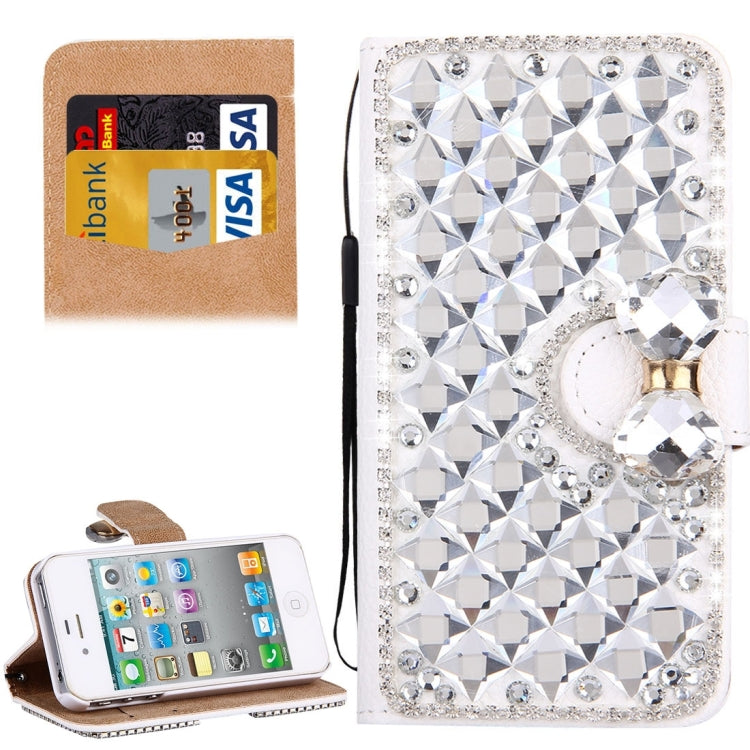 For iPhone 4 & 4S Diamond Encrusted Bowknot Pattern Horizontal Flip Leather Case with Magnetic Buckle & Card Slots & Holder & Lanyard