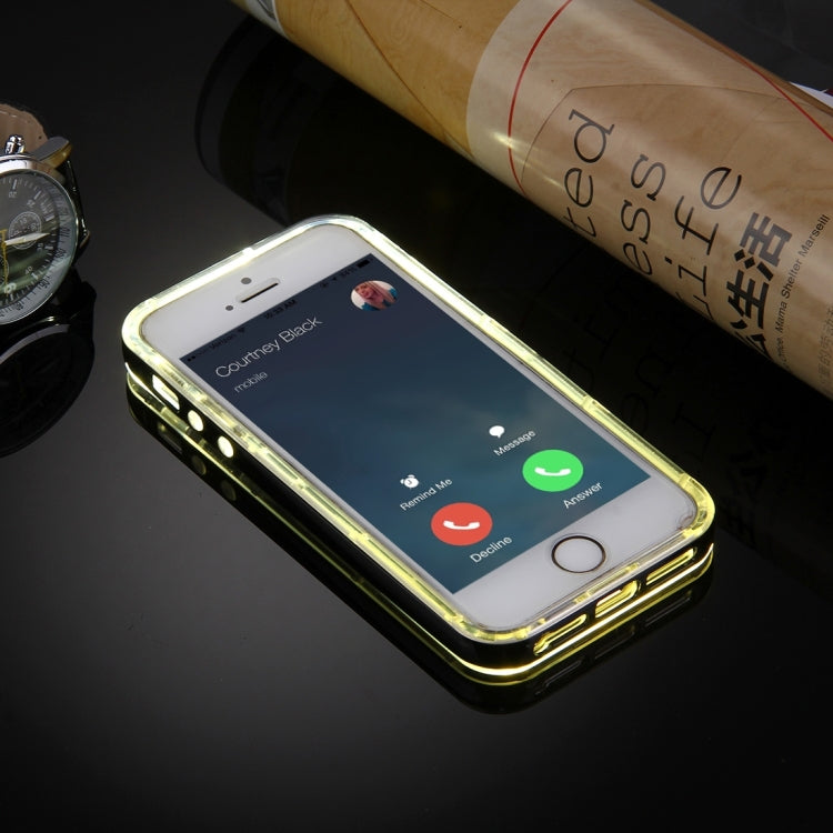For iPhone 5 & 5s & SE Slide Slice Design Removable Plastic Bumper Flame Transparent TPU Protective Case with Incoming Call LED Flash Blinking