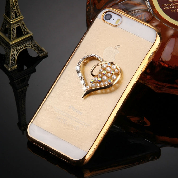 For iPhone SE & 5s & 5 Diamond Encrusted Pearl Love Pattern Electroplating Frame TPU Protective Case(Gold)