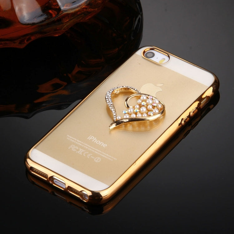 For iPhone SE & 5s & 5 Diamond Encrusted Pearl Love Pattern Electroplating Frame TPU Protective Case(Gold)