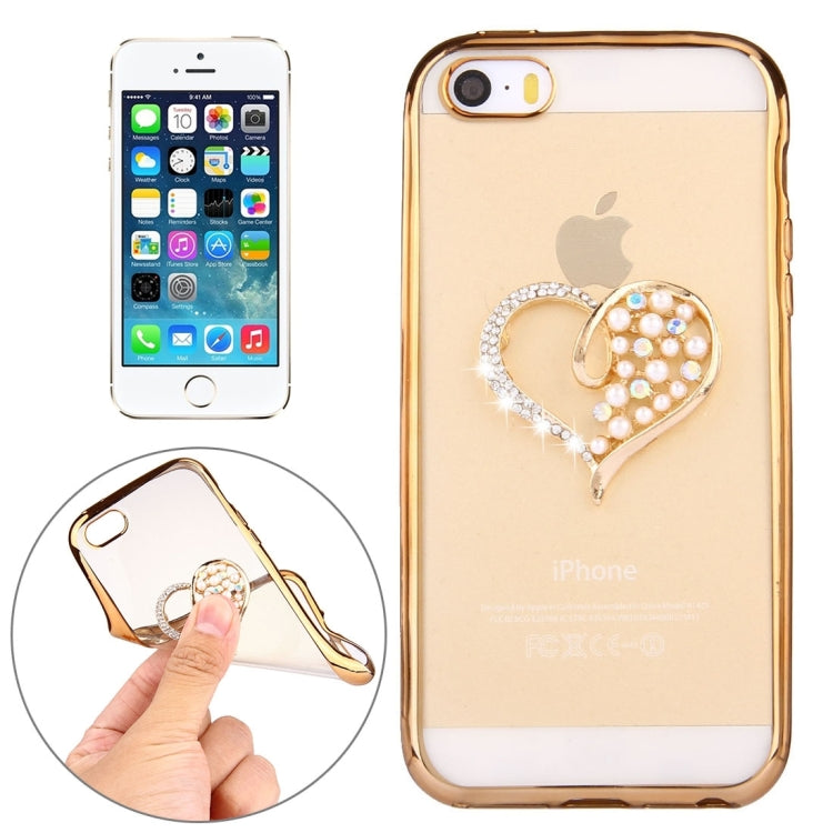 For iPhone SE & 5s & 5 Diamond Encrusted Pearl Love Pattern Electroplating Frame TPU Protective Case(Gold)