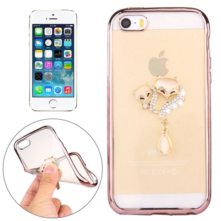 For iPhone SE & 5s & 5 Diamond Encrusted Fox Couple Pattern Electroplating Frame TPU Protective Case(Rose Gold)