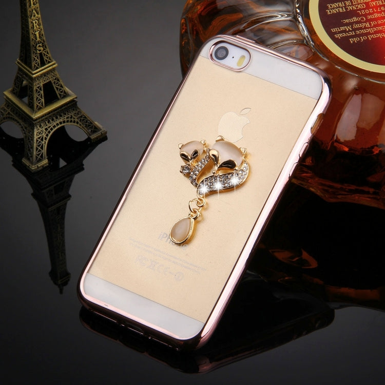 For iPhone SE & 5s & 5 Diamond Encrusted Fox Couple Pattern Electroplating Frame TPU Protective Case(Rose Gold)