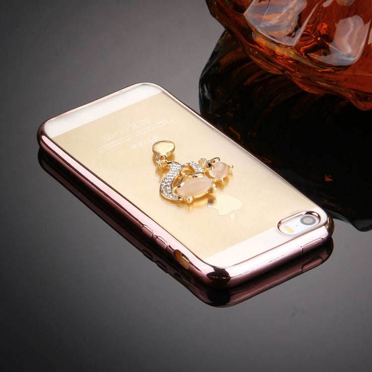 For iPhone SE & 5s & 5 Diamond Encrusted Fox Couple Pattern Electroplating Frame TPU Protective Case(Rose Gold)
