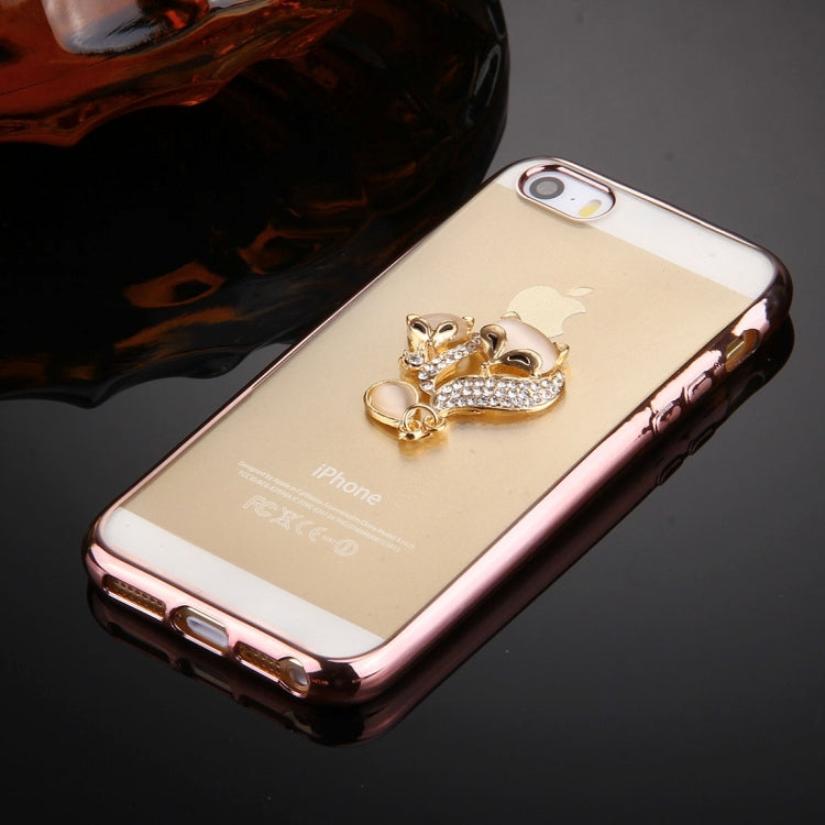 For iPhone SE & 5s & 5 Diamond Encrusted Fox Couple Pattern Electroplating Frame TPU Protective Case(Rose Gold)