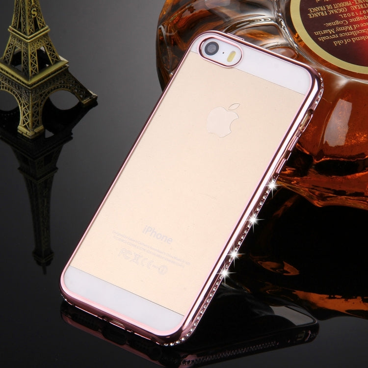 For iPhone SE & 5s & 5 Diamond Encrusted Electroplating Frame Transparent TPU Protective Case(Rose Gold)