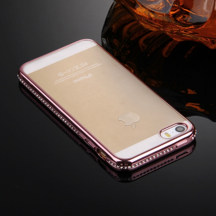 For iPhone SE & 5s & 5 Diamond Encrusted Electroplating Frame Transparent TPU Protective Case(Rose Gold)