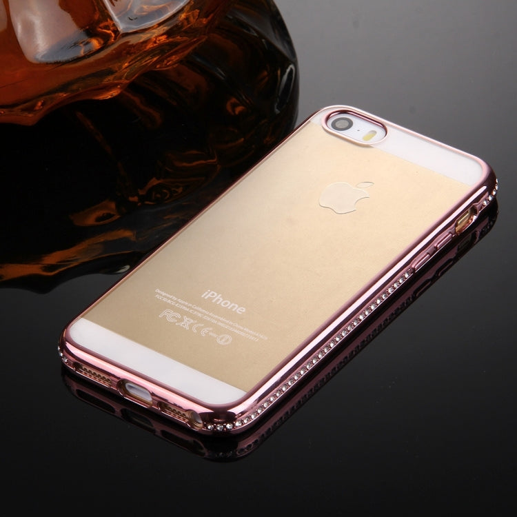 For iPhone SE & 5s & 5 Diamond Encrusted Electroplating Frame Transparent TPU Protective Case(Rose Gold)